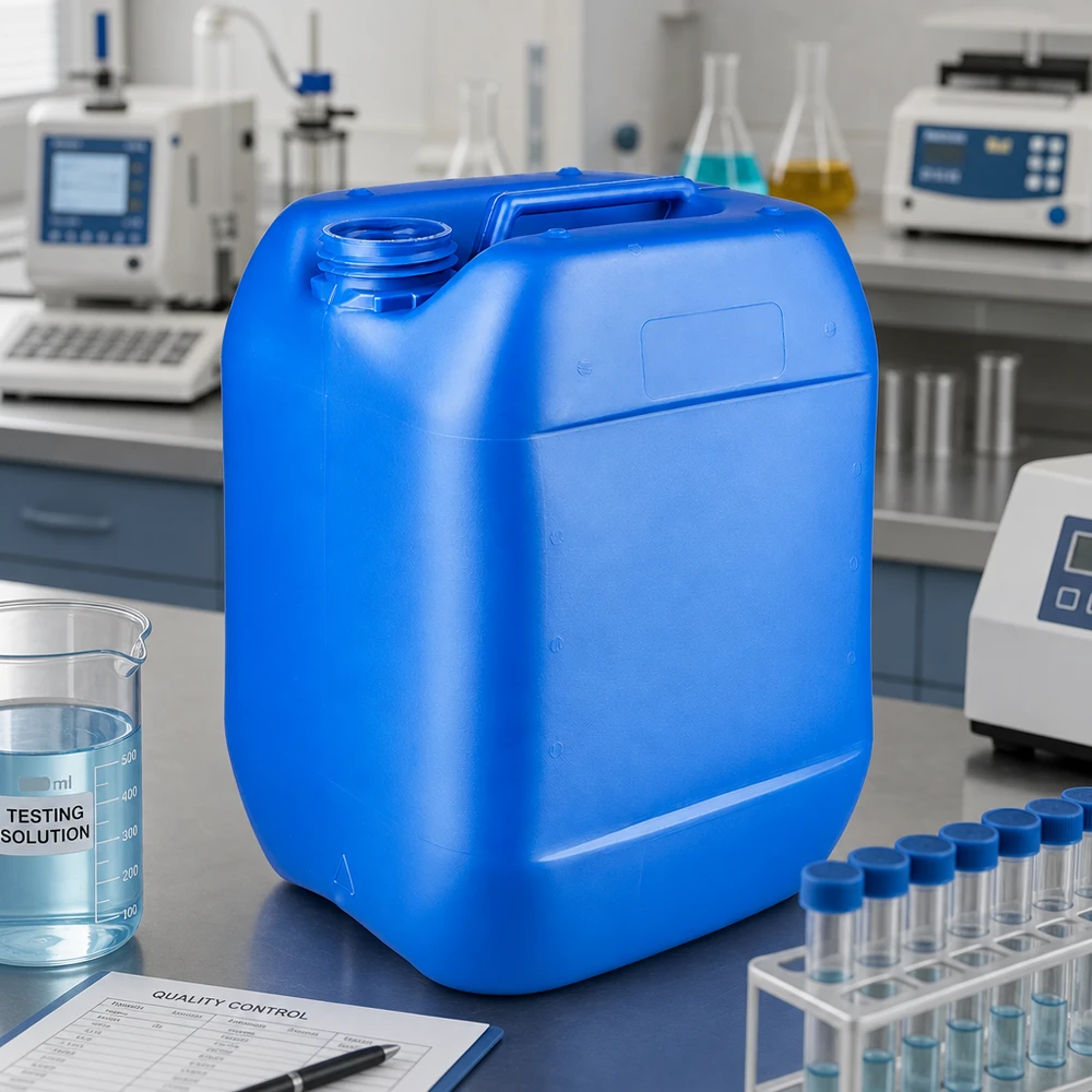 10 liters dunk, blå uden låg Blå 10-liters HDPE-kanister uden låg ved siden af et bægerglas med testvæske i laboratoriet