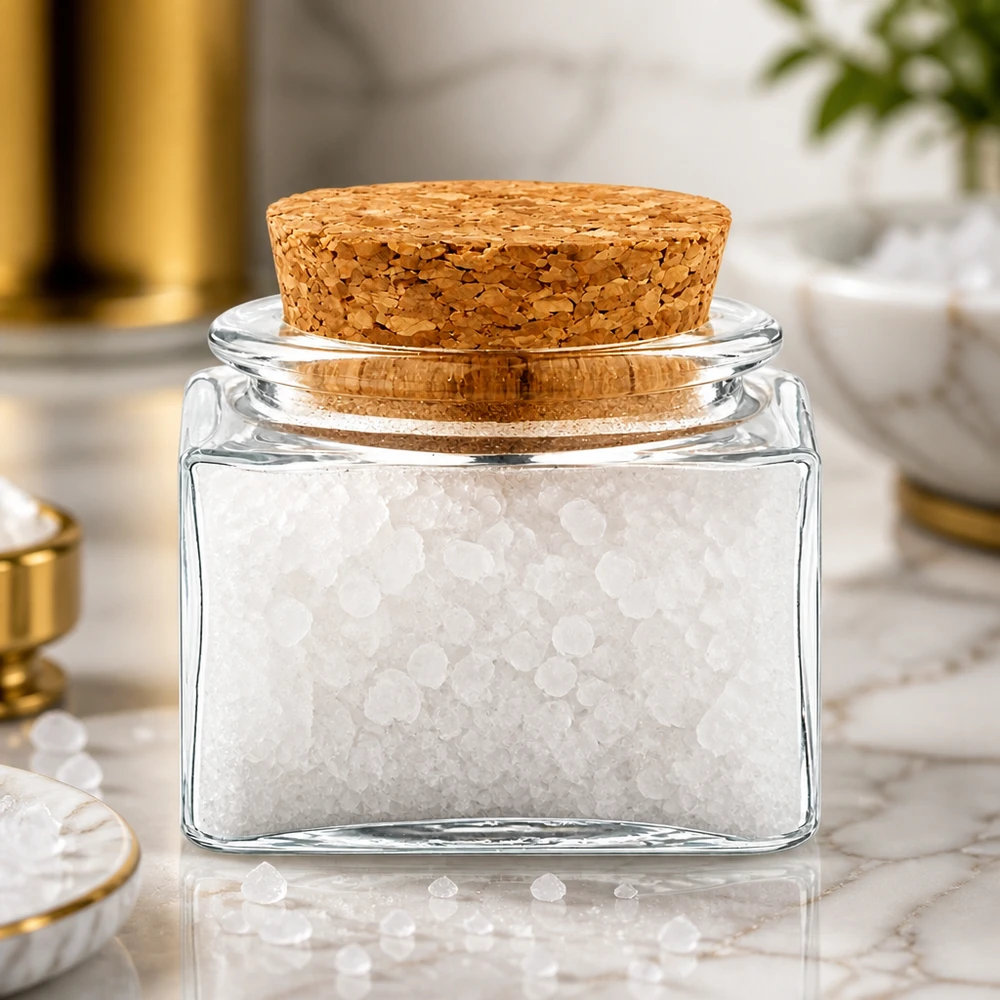 Idé til krydderiglas: Quadratus 40 ml klar med kork Quadratus-glasbeholder på 40 ml med korkprop, fyldt med groft havsalt på marmor