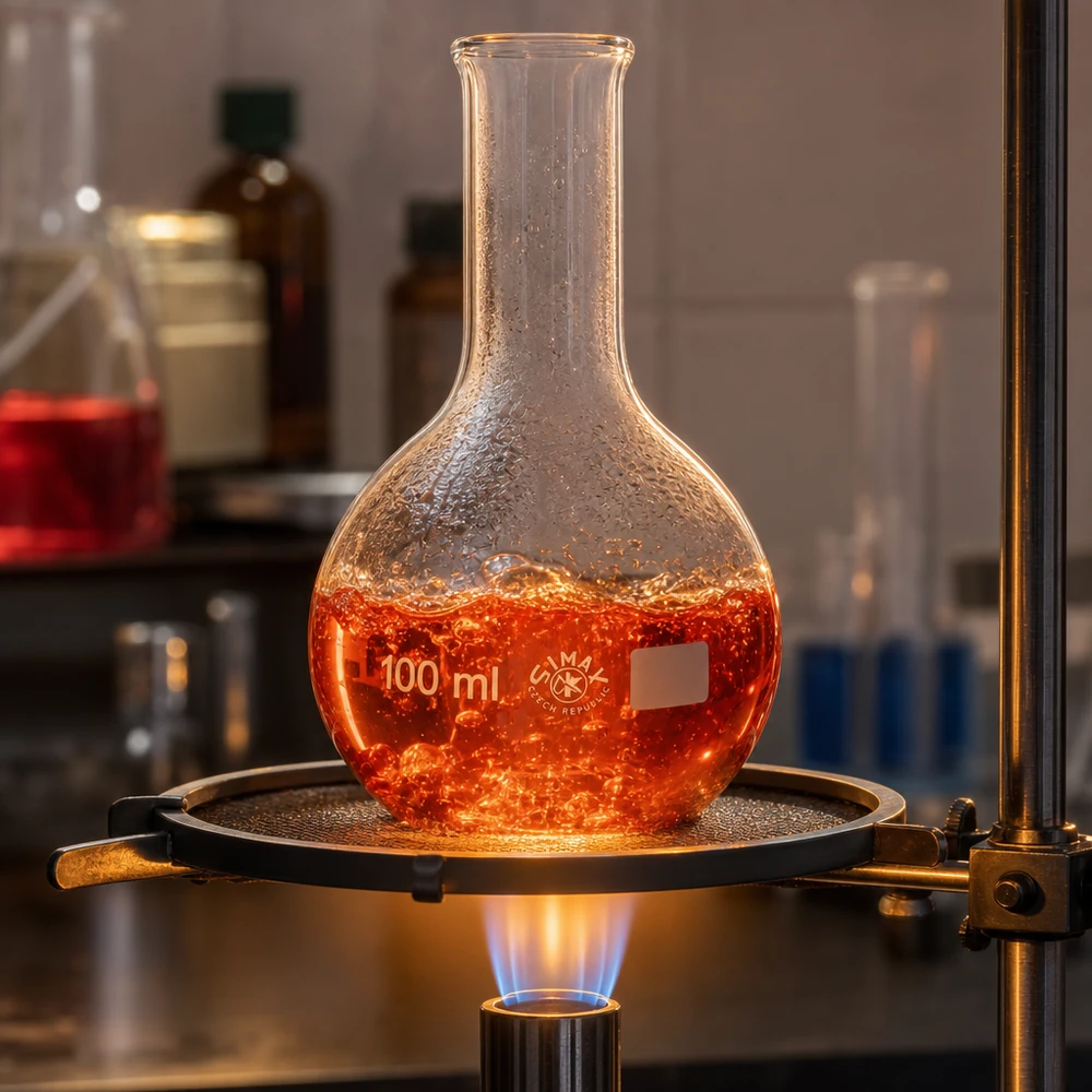 Stående kolbe 100 ml med smal hals Stående kolbe 100 ml med smal hals på laboratoriekogeplade ved opvarmning med synlig flamme