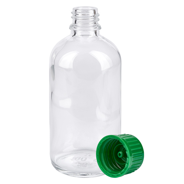 100 ml flaske 11 mm SV grøn STD ClearLine UT18/100 Gennemsigtig 100 ml apotekerflaske fra ClearLine med grøn sikkerhedslåg 11 mm SV