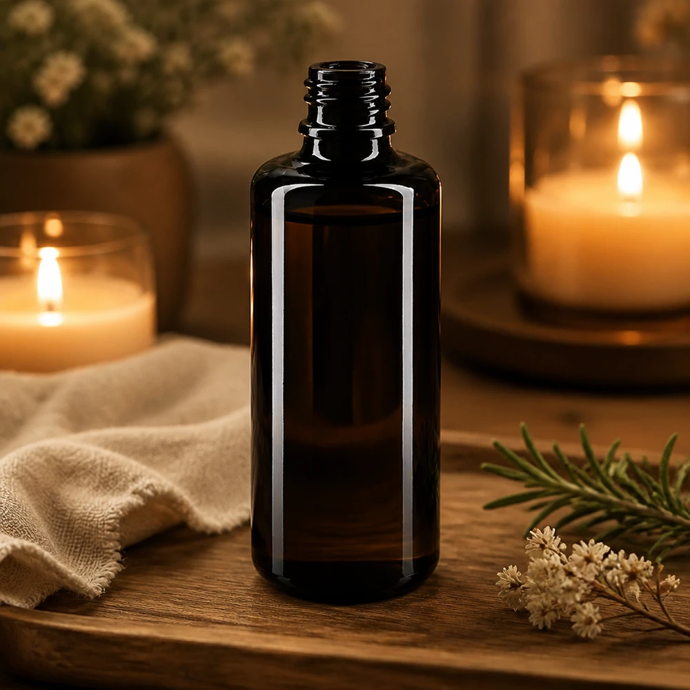 Flaske i violet glas 100 ml DIN 18 (Mironglas) Premium violet glasflaske Orion 100 ml med skruegevind til æteriske olier og kosmetik