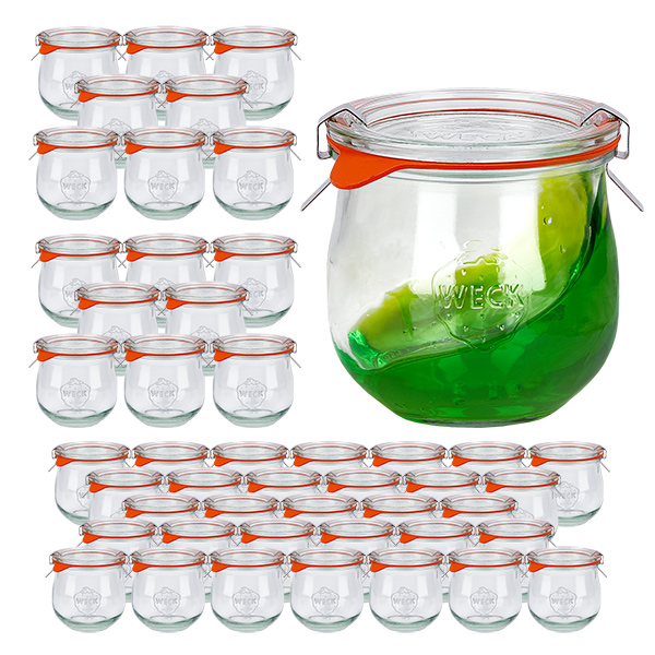 Sæt med 48 Weck-krukker 370 ml tulipankrukke med 48 glaslåg Sæt med 48 Weck-krukker 370 ml tulipankrukke med 48 glaslåg