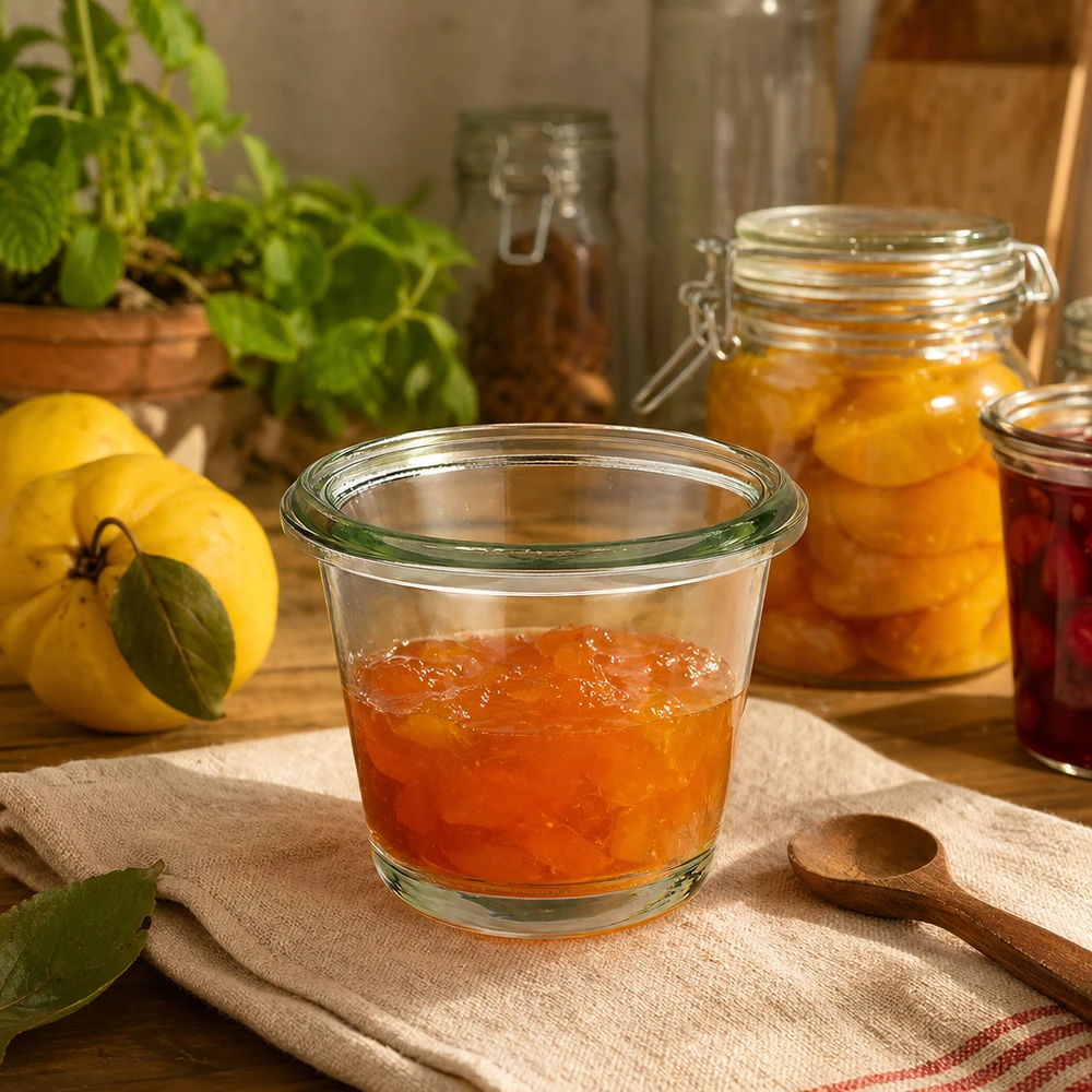 80 ml WECK gourmetglas RR60 fyldt med marmelade i et rustikt køkken ved siden af friske citroner og andre syltetøjsglas
