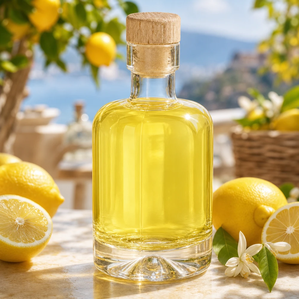 50 ml glasflaske Amelie med træhåndtag UNiTWIST 50 ml glasflaske Amelie fyldt med gul likør mellem citroner og blomster dekoreret i middelhavsstil