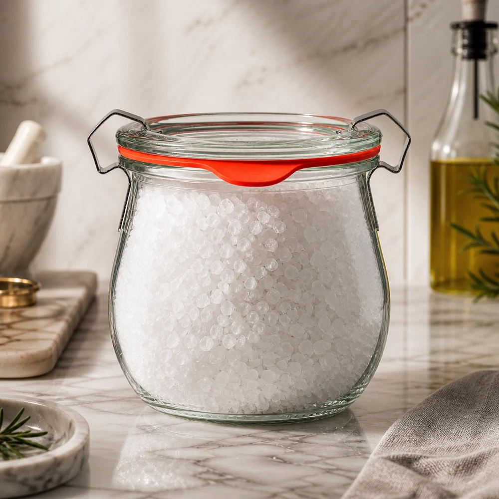 Idé til krydderikrukke: WECK mini tulipankrukke 220 ml WECK Mini-tulpaneglas på 220 ml fyldt med groft havsalt – opbevaringsglas på marmorunderlag
