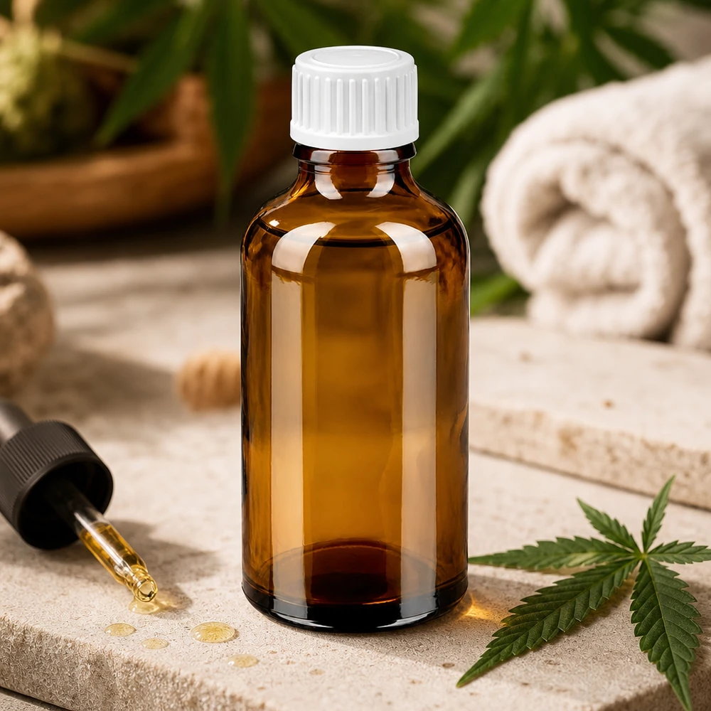 50 ml dråbeflaske 0,9 mm hvid STD BrownLine UT18/50 50 ml glasflaske af høj kvalitet i ravfarve med hvidt UT18-gevind til farmaceutiske anvendelser
