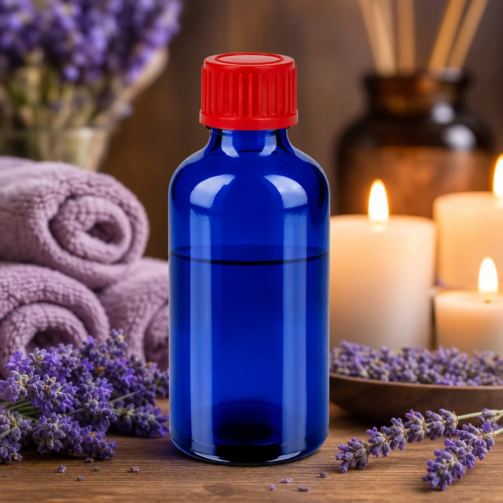 Aromaterapiflaske 50 ml BlueLine UT18/50 med rød hætte til æteriske olier