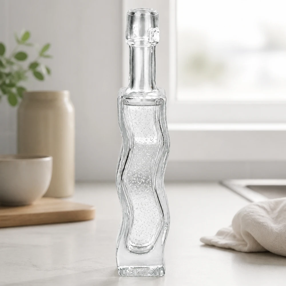 40 ml glasflaske Fila uden hængelåg UNiTWIST® 40 ml glasflaske Anna med bølget reliefmønster uden svingtop gennemsigtig tom badeværelsesatmosfære set fra siden