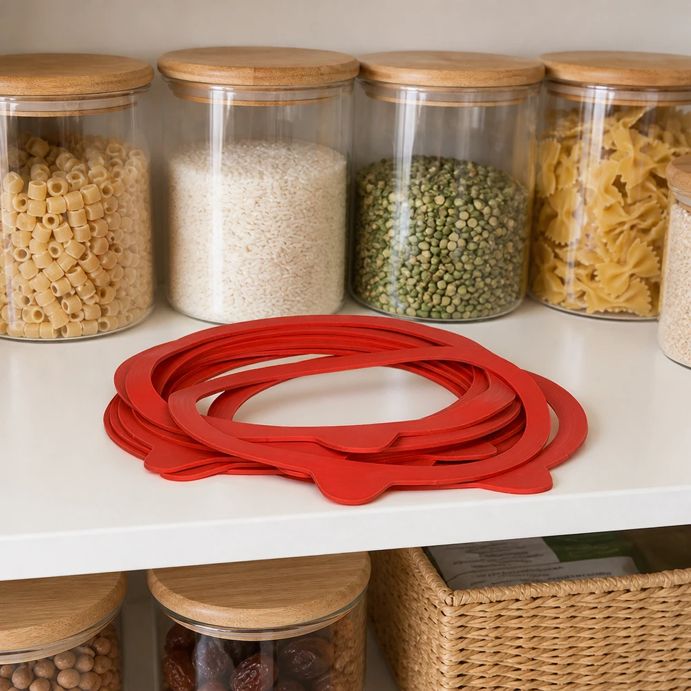 Tætningsring af naturgummi RR120 Røde konserveringsringe af naturgummi RR120 i spisekammeret ved siden af fyldte glaskrukker med pasta og bælgfrugter