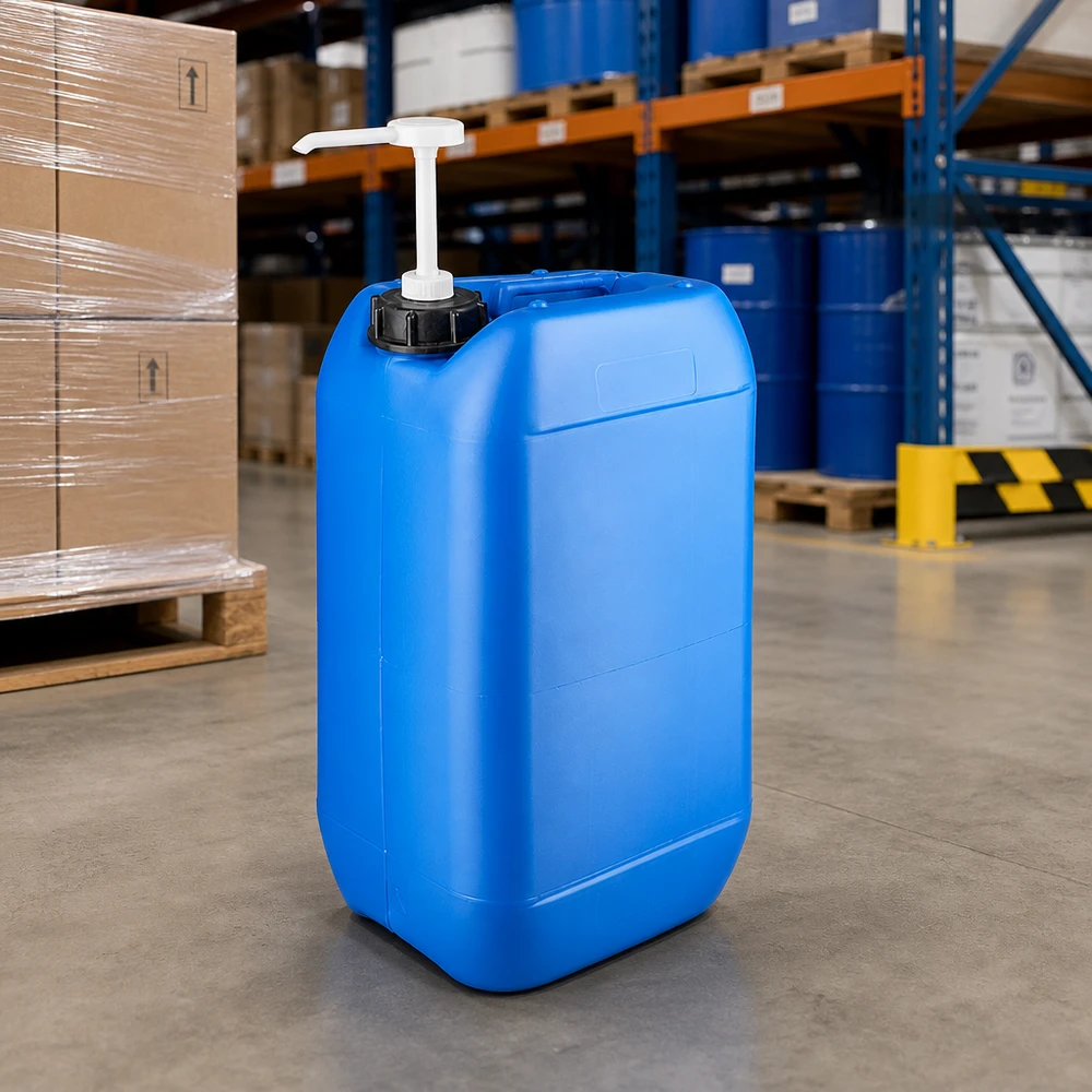 Robust blå HDPE-kanister på 15 liter med hældetud og doseringspumpe på lageret