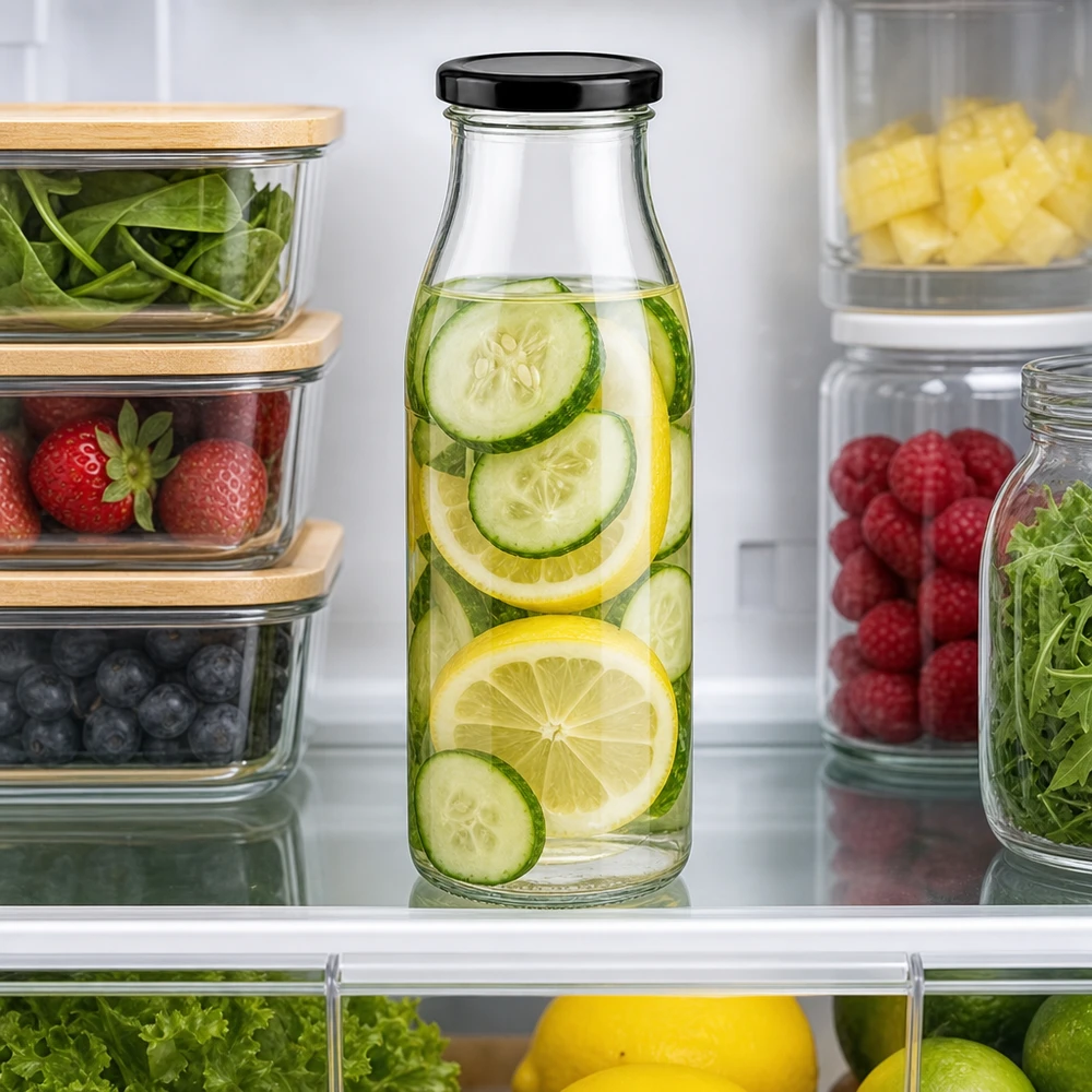 500 ml glasflaske + BasicSeal-låg sort UNiTWIST. Absolut lækagesikker med stort TO48-låg. Til mælk, juice og limonade. 500 ml glasflaske med agurke-citronvand i køleskabet mellem frisk frugt og grøntsager