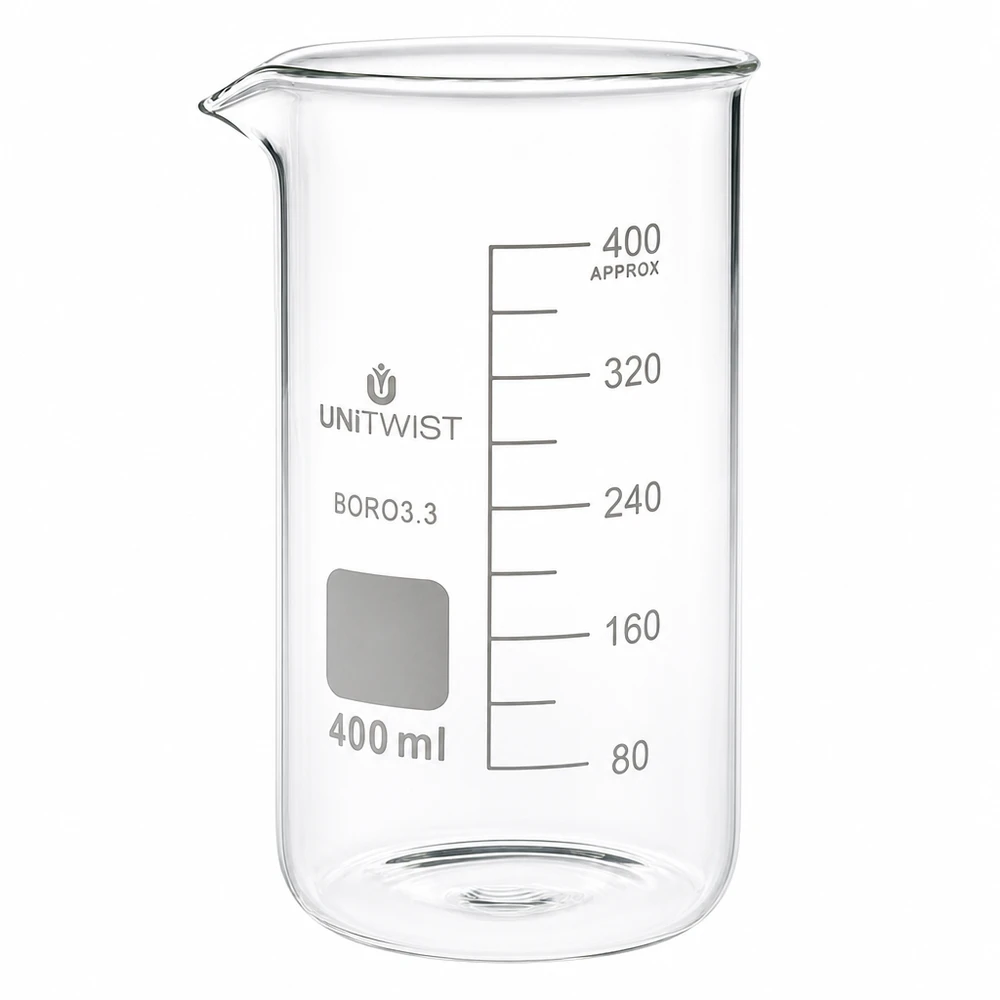 Bægerglas 400 ml borosilikat, høj form UNITWIST Becherglas, 400 ml, høj model, af borosilikatglas 3.3 med milliliterskala fra UNITWIST