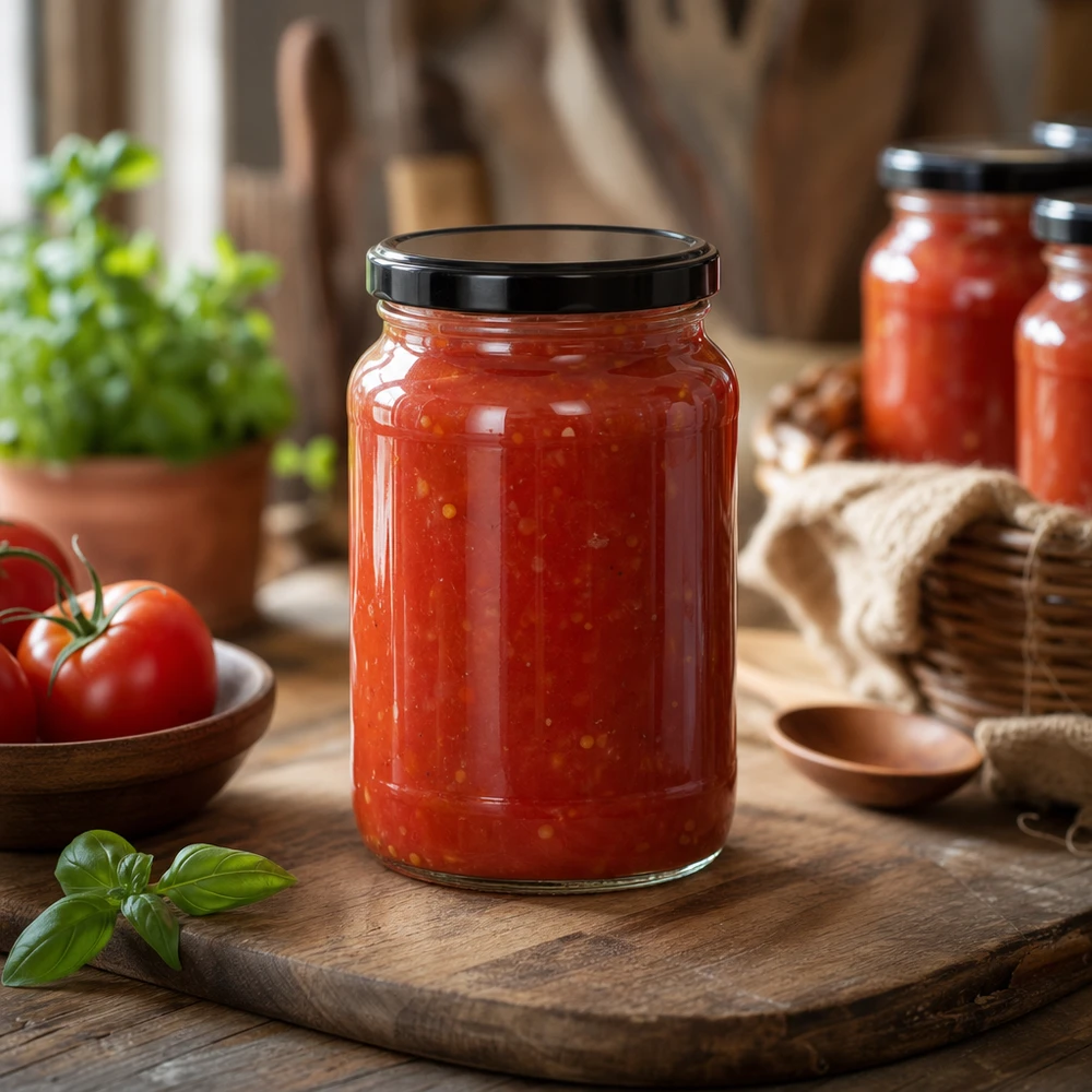 1700 ml rund krukke med BasicSeal-låg sort UNiTWIST Tomatsauce i 1700 ml rund krukke sort BasicSeal-låg træplade køkken rustik atmosfære konserveringskrukke