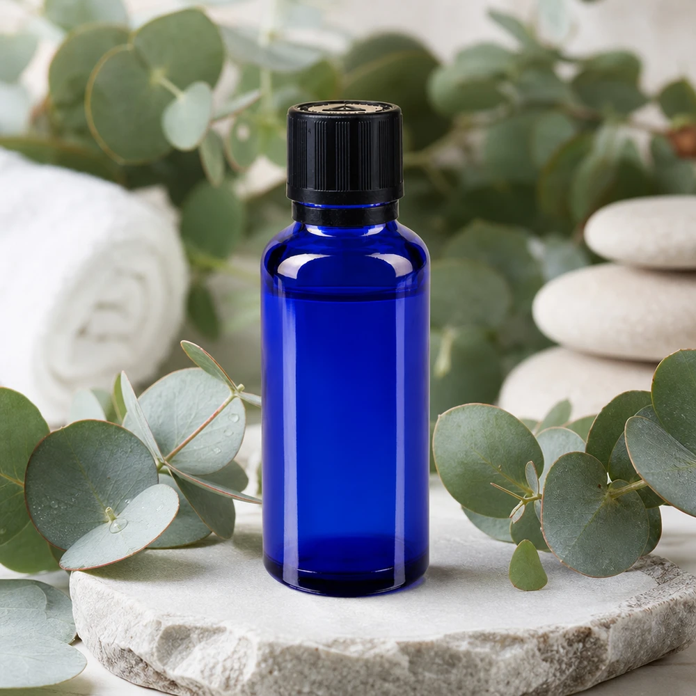 Koboltblå 30 ml apotekerflaske med sort KiSi-lukke på natursten med eukalyptus