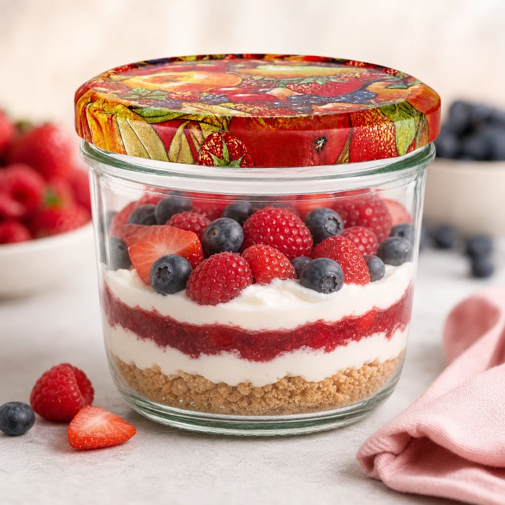 230 ml Briller + BasicSeal låg frugtdekoration UNiTWIST 230 ml glas med BasicSeal frugtdekorationslåg fyldt med en lagdelt dessert af bær, fløde og kiksebund