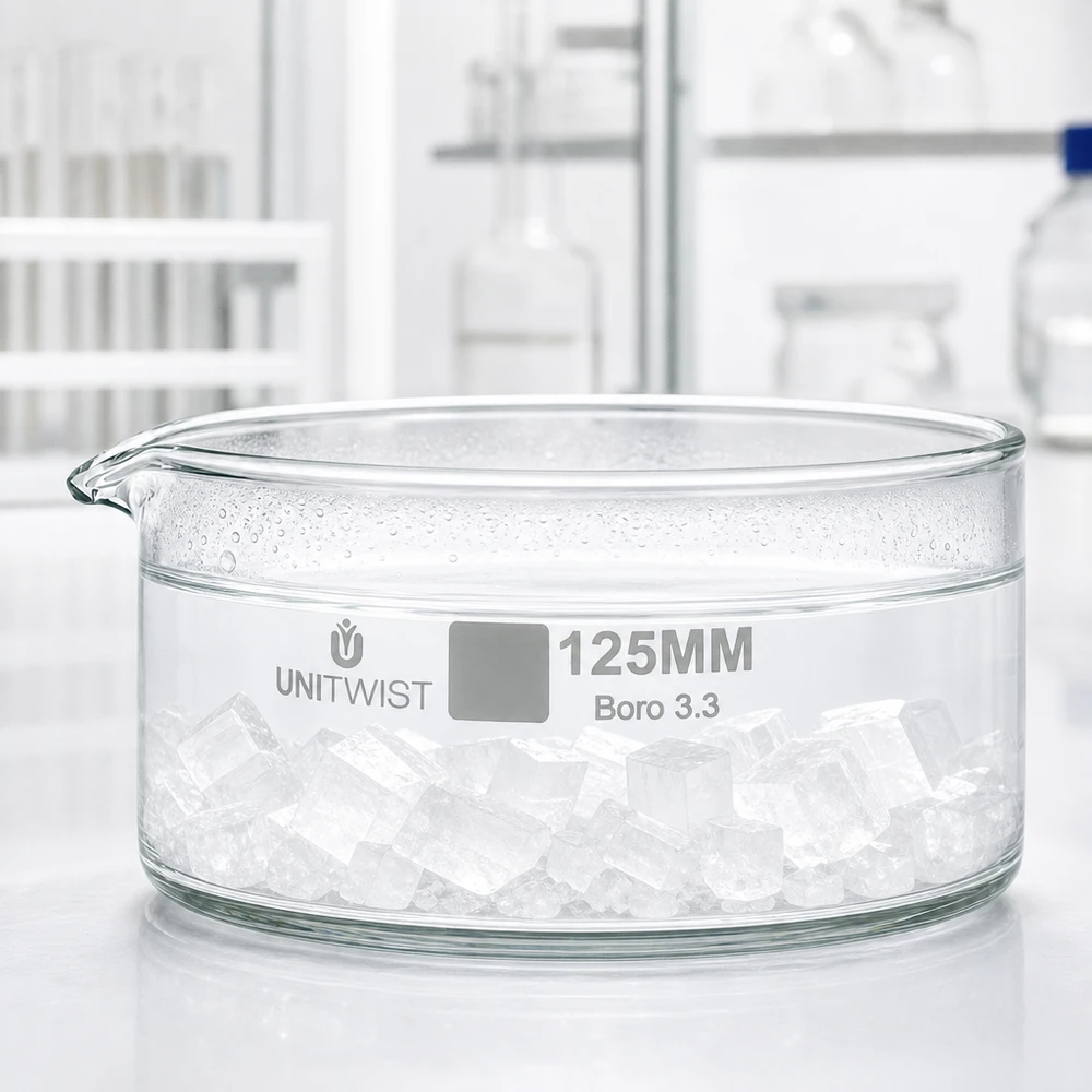 Krystalliseringsskål, 125 mm, borosilikatglas, fyldt med isterninger, til laboratoriebrug, UNiTWIST