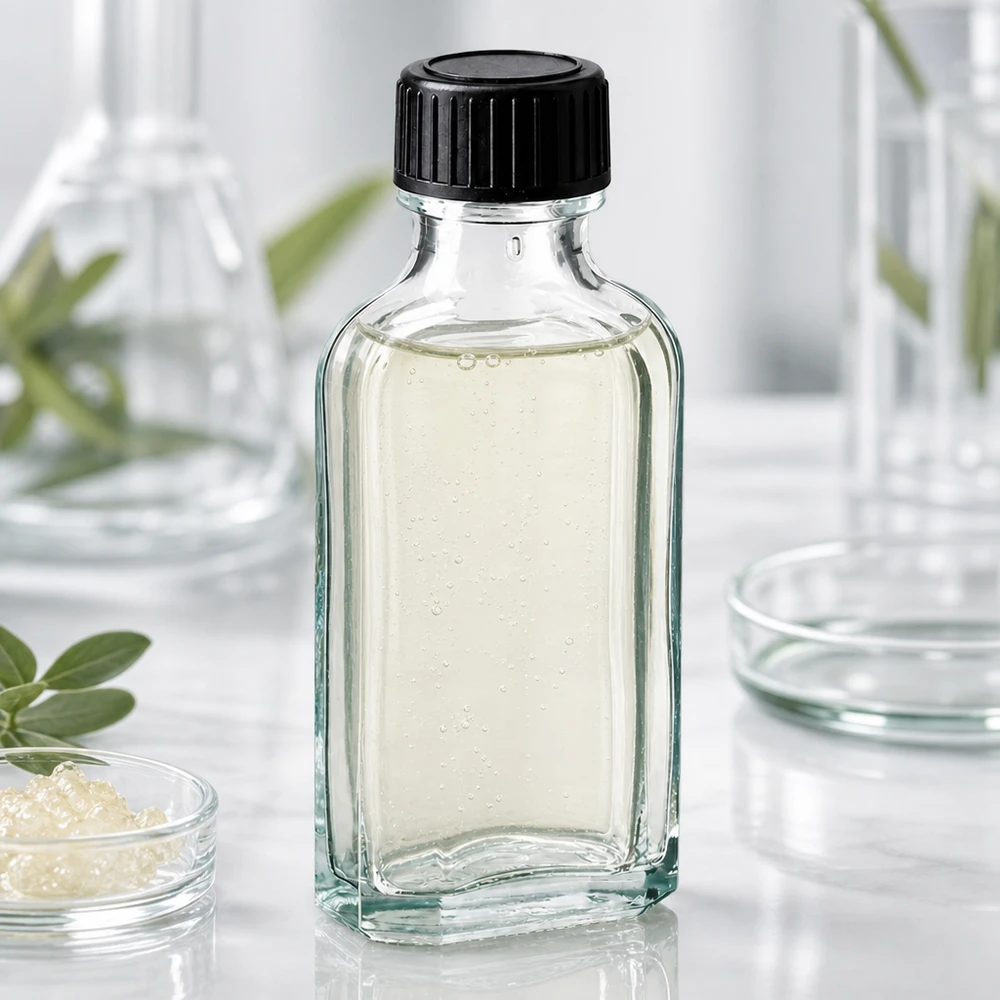 Lille apotekerflaske på 50 ml af klart glas med sort skruelåg og tætningsskive