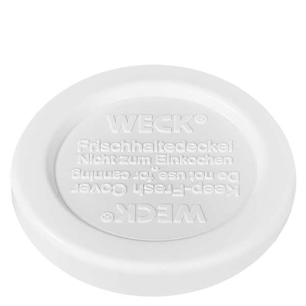 35 ml Briller med friskhedslåg WECK RR40 WECK friskhedslåg hvid RR40 detailbillede med præget skrift til 145 ml cylinderglas Udskiftningslåg