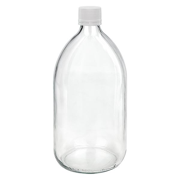 1000 ml medicinflaske klar, hætte hvid/fin med tyverisikringsring ApoGlas. Farmaceutisk kvalitet fra EU-produktion. 28 mm (PP28) gevind. (sirup, let glasflaske) 1000 ml medicinflaske klar, hætte hvid/fin med tyverisikringsring ApoGlas. Farmaceutisk kvalitet fra EU-produktion. 28 mm (PP28) gevind. (sirup, let glasflaske)