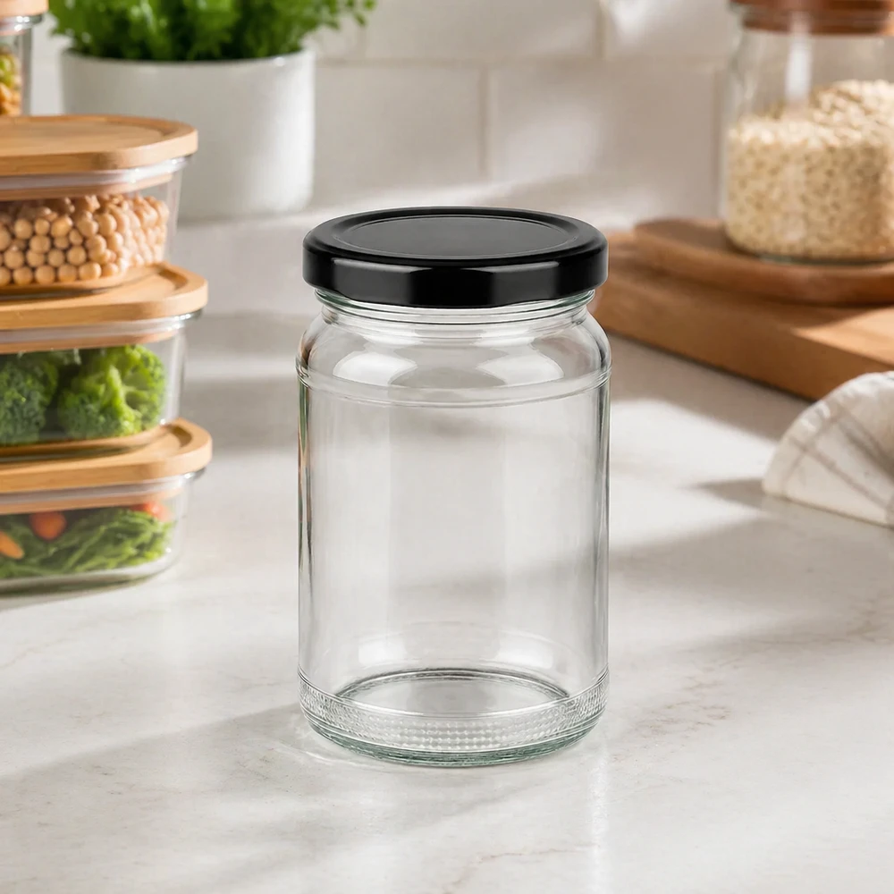 UNiTWIST Runda110 med sort. TO48 BasicSeal-låg UNiTWIST rundt glas 110 ml i moderne køkken på bordplade med opbevaringskrukker i baggrunden