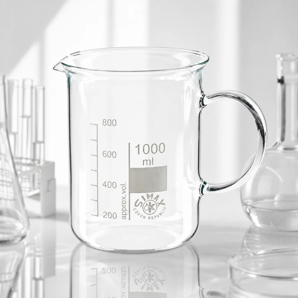 Bæger 1000 ml borosilikatglas, med håndtag Tomt bægerglas på 1000 ml med hank og tud på hvid baggrund
