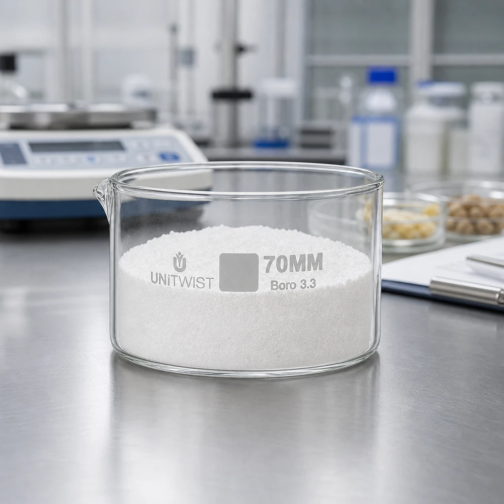Krystalliseringsskål ø70mm borosilikatglas UNiTWIST UNiTWIST 70 mm Boro 3.3-krystalliseringsskål fyldt med hvidt pulver på et laboratoriebord af rustfrit stål