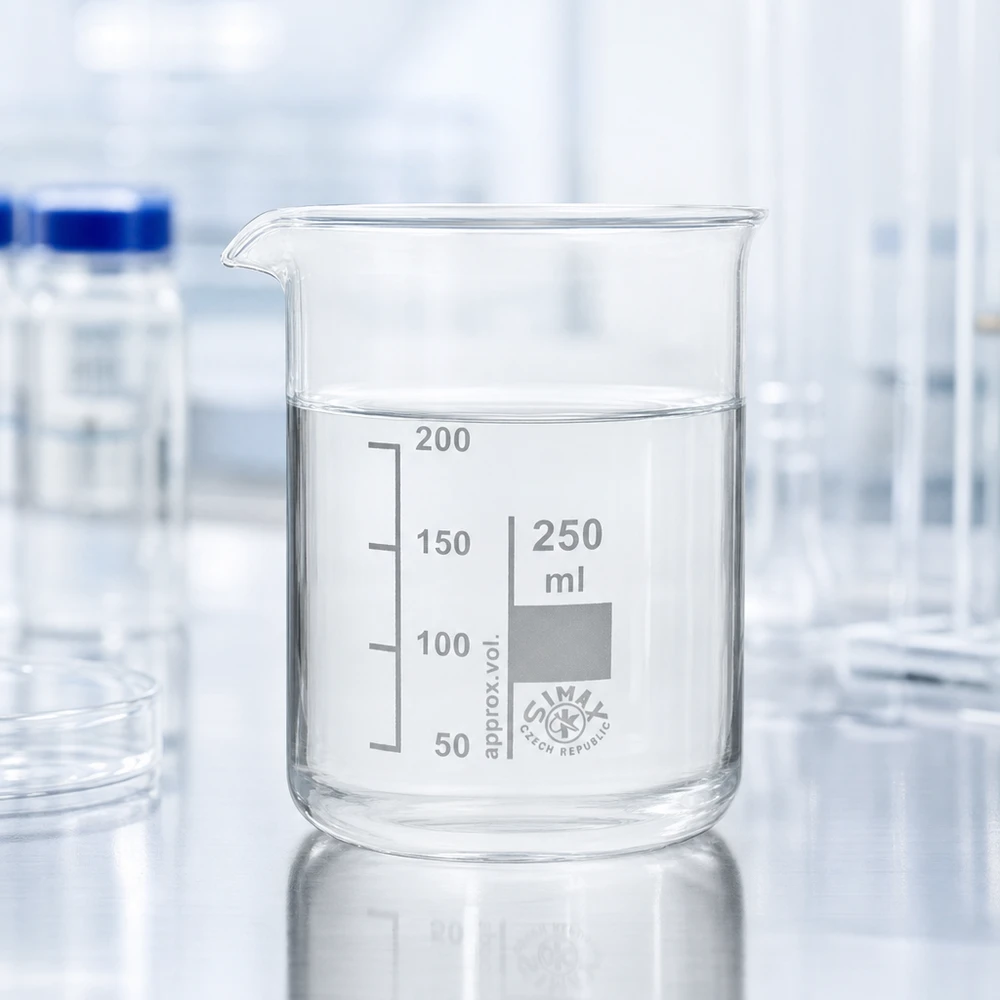 Bæger 250 ml borosilikatglas, lav form Gennemsigtigt 250 ml bægerglas af robust borosilikatglas til præcise målinger i laboratoriet og køkkenet