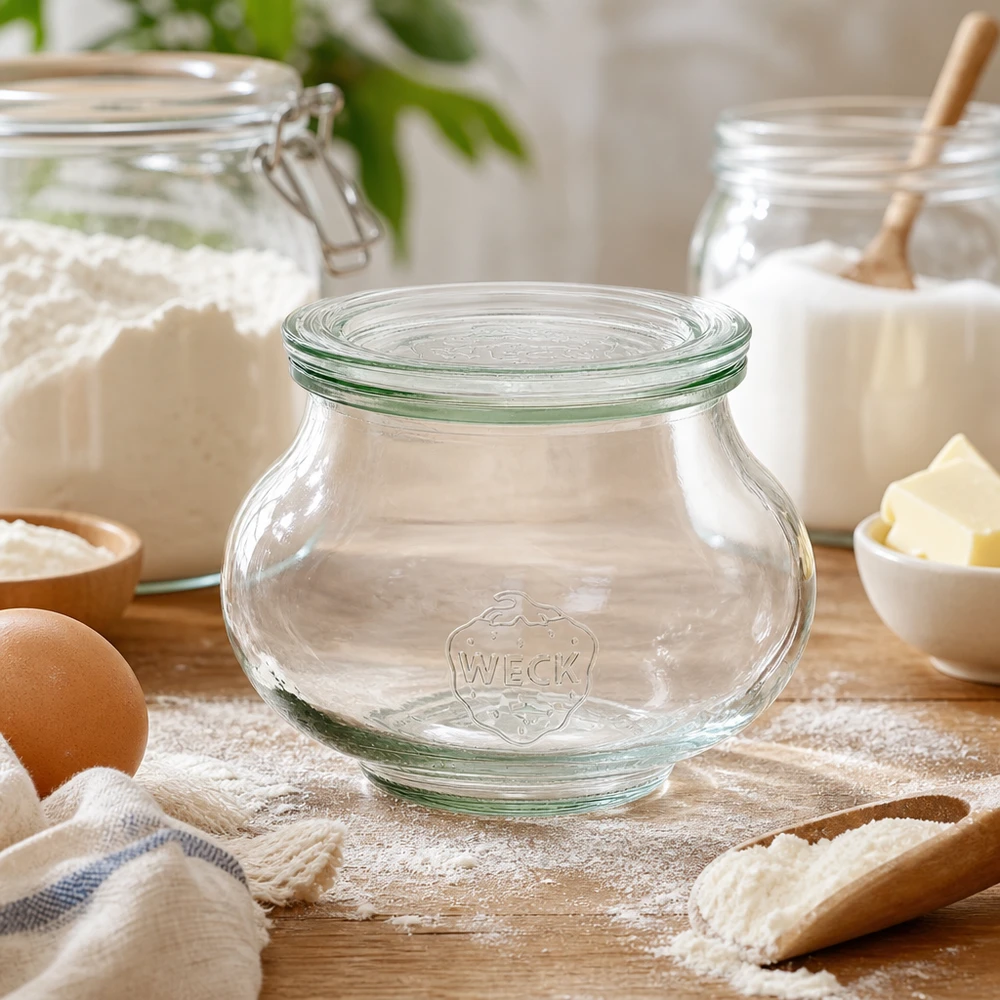 560 ml dekorativt glas med glaslåg WECK RR80 WECK dekorativ krukke 560ml RR80 tom i bagekøkkenet mellem mel, æg og bageingredienser til opbevaring af ingredienser