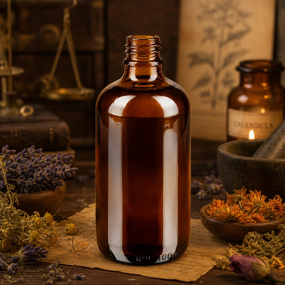 100 ml brun Apoteksflaske ApoGlas 100 ml brun apotekerflaske ApoGlas med tørrede lægeurter og morter i traditionelt urteapotek
