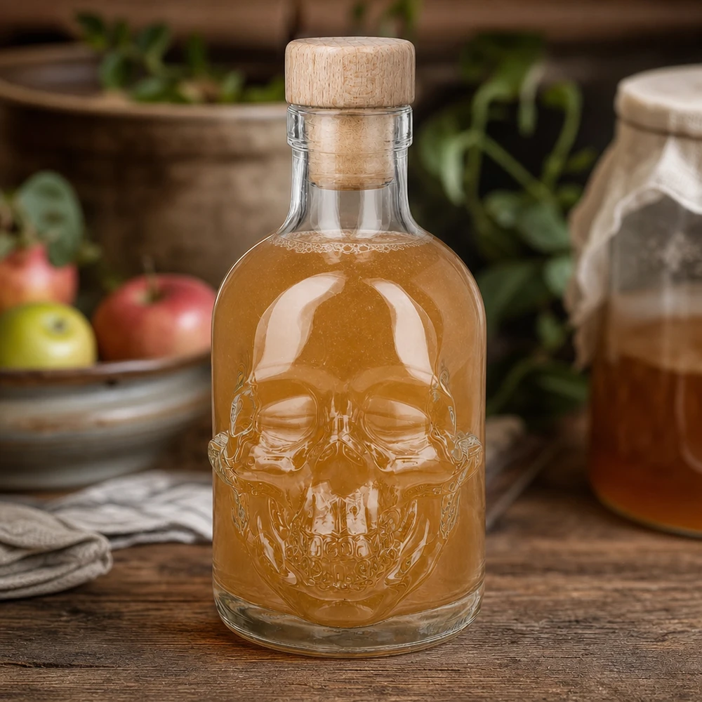 200 ml glasflaske »Jack« med træhåndtag og prop UNiTWIST® 200 ml Jack skull-glasflaske med ravfarvet fyld i en køkkenatmosfære med æbler og potter med krydderurter