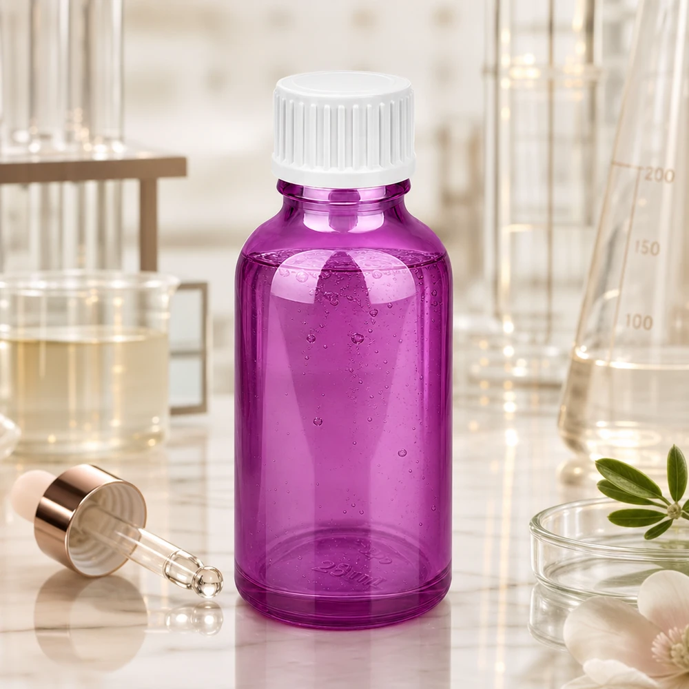 30 ml (kugle) flaske. 3 mm hældering hvid Standard PurpleLine. UT18/30 Violet apoteksflaske 30 ml lavet af højkvalitetsglas med børnesikret skruelåg