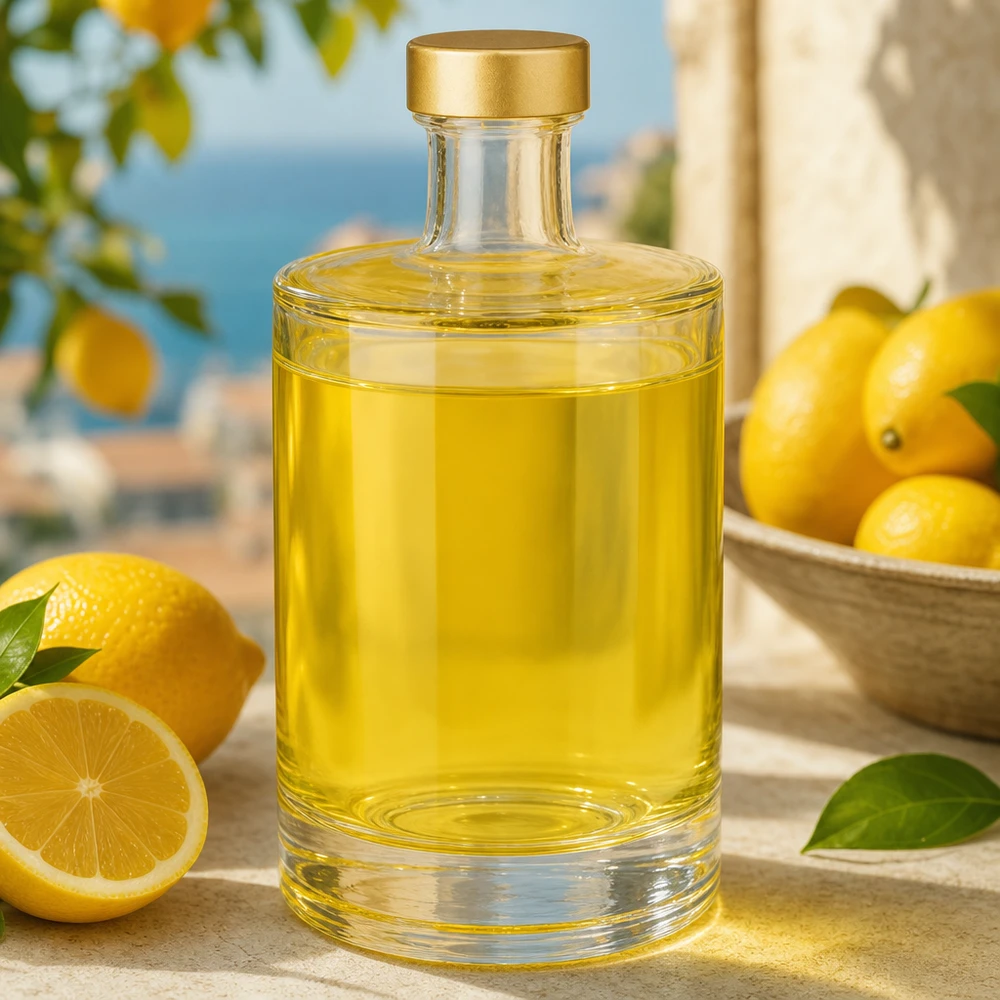 500 ml glasflaske »Sam« + skruelåg guld UNiTWIST® 500 ml glasflaske Sam fyldt med gul væske ved siden af citroner Middelhavsstemning UNiTWIST guldhætte