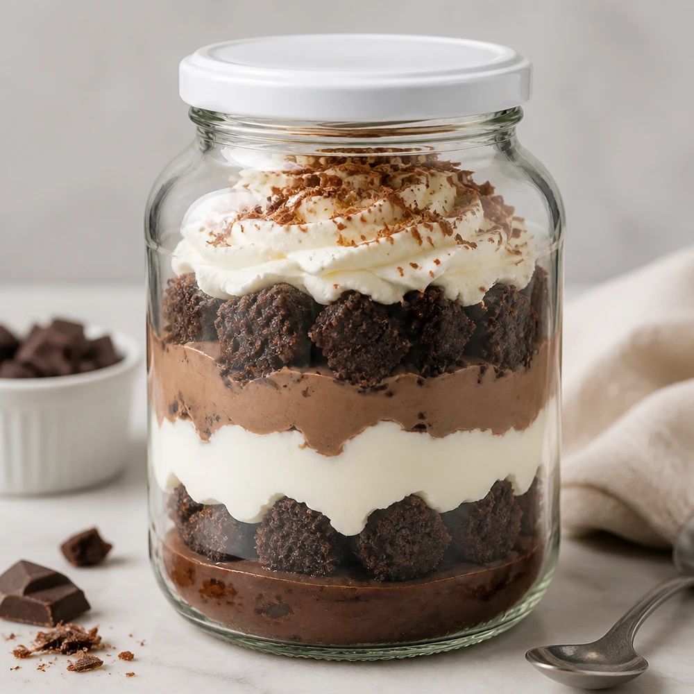 370 ml oval krukke med BasicSeal-låg hvid UNiTWIST 370 ml oval krukke UNiTWIST med hvidt BasicSeal-låg fyldt med chokoladedessert-tiramisu, perfekt til portionering