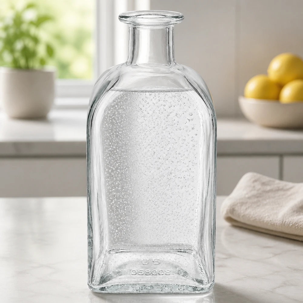 500 ml apoteksflaske Julia uden lukning UNiTWIST® 500 ml Julia glasflaske i moderne køkken på marmorbord med vanddråber og naturligt lys