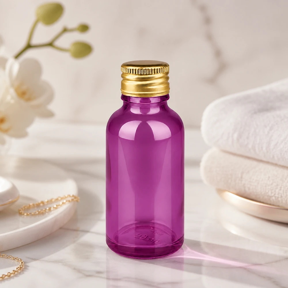 30 ml flaske 11 mm skruelåg aluminium guld standard PurpleLine. UT18/30 30 ml lilla glasflaske med skinnende overflade og guldaluminiumshætte til serum af høj kvalitet