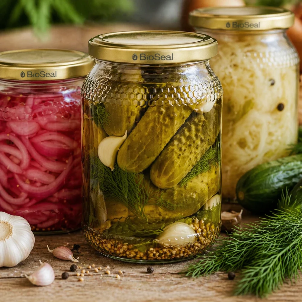 1260 g honningglas med gyldent BioSeal UNiTWIST-låg 900 ml honningkrukke med BioSeal-låg guld til konservering af agurker løg sauerkraut konserveringskrukke fermenteringskøkken