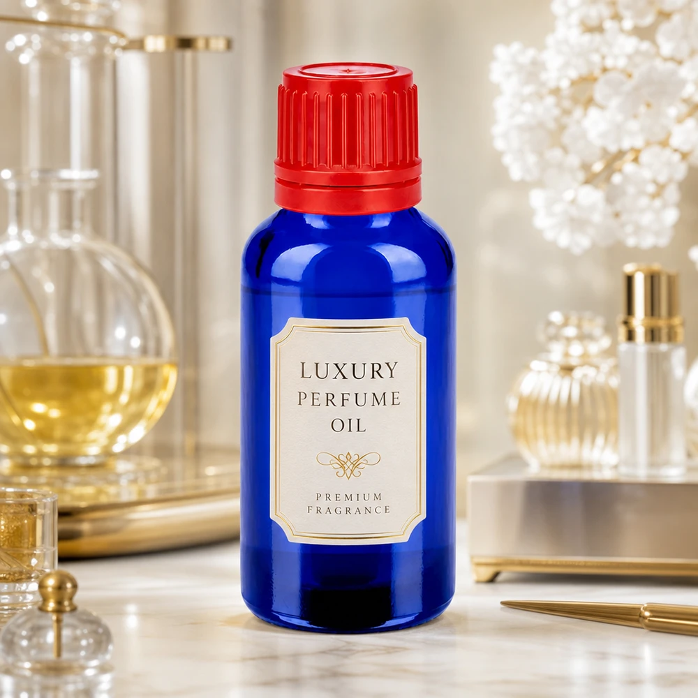 30 ml flaske 11 mm SV rød OV BlueLine UT18/30 Premium 30 ml dråbeflaske med UT18/30-gevind i elegant blåt glaslook til luksusprodukter