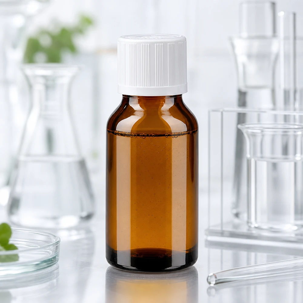 Apotekflaske på 15 ml af brunt glas med hvid børnesikret låg foran en laboratoriebaggrund