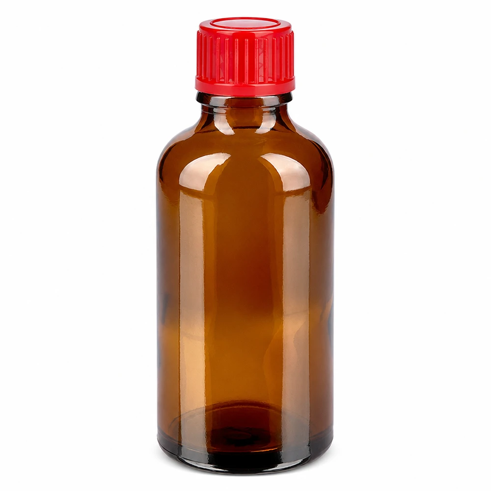 50 ml flaske 11 mm SV rød STD BrownLine UT18/50 Brun 50 ml glasflaske med rødt skruelåg til medicin og kemikalier