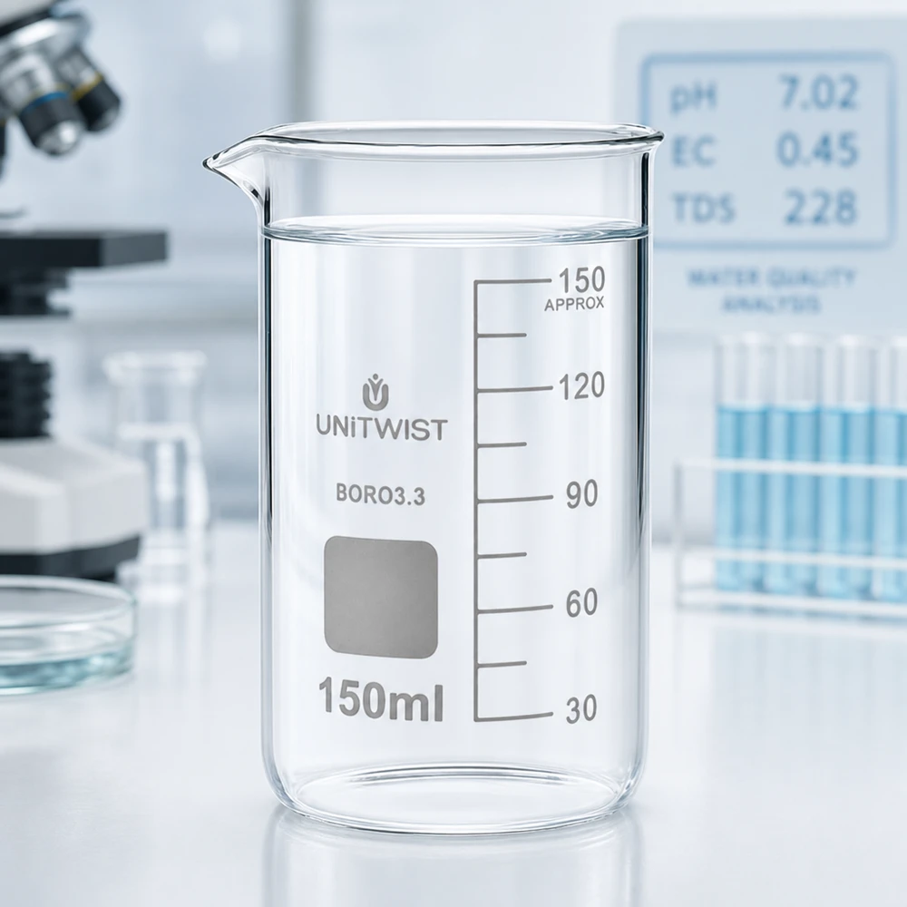 Bæger 150 ml borosilikat, høj form UNITWIST UNITWIST måleglas 150 ml, høj model, borosilikatglas 3.3, med klart vand og måleskala til laboratoriebrug