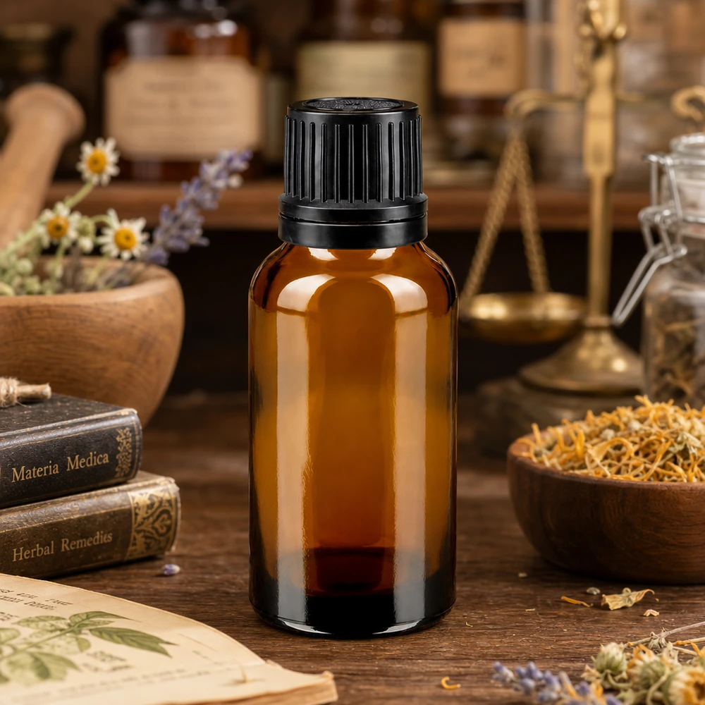 20 ml ravfarvet glasbeholder med sort originalitetslukning til urteekstrakter
