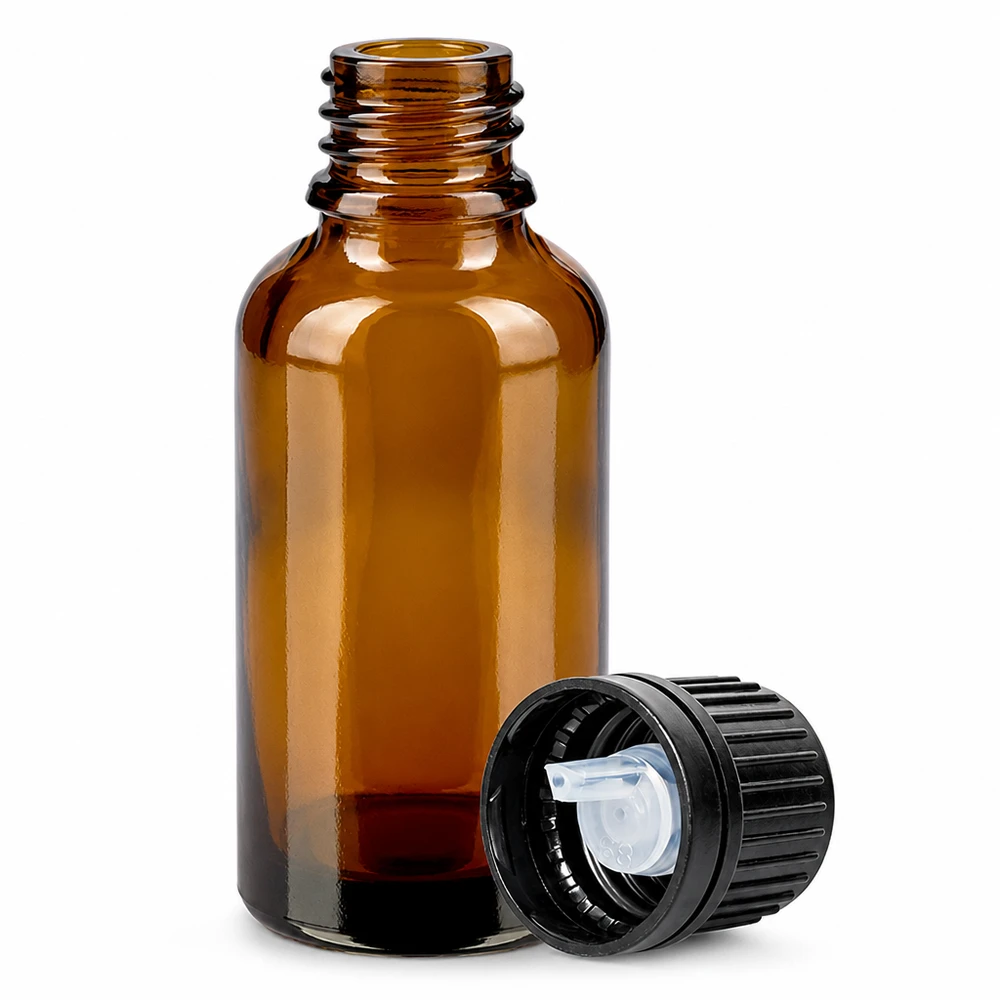 30 ml dråbeflaske 1 mm sort OV BrownLine UT18/30 Brun 30 ml glasdråbeflaske med 1 mm doseringsåbning til præcis påføring af æteriske olier