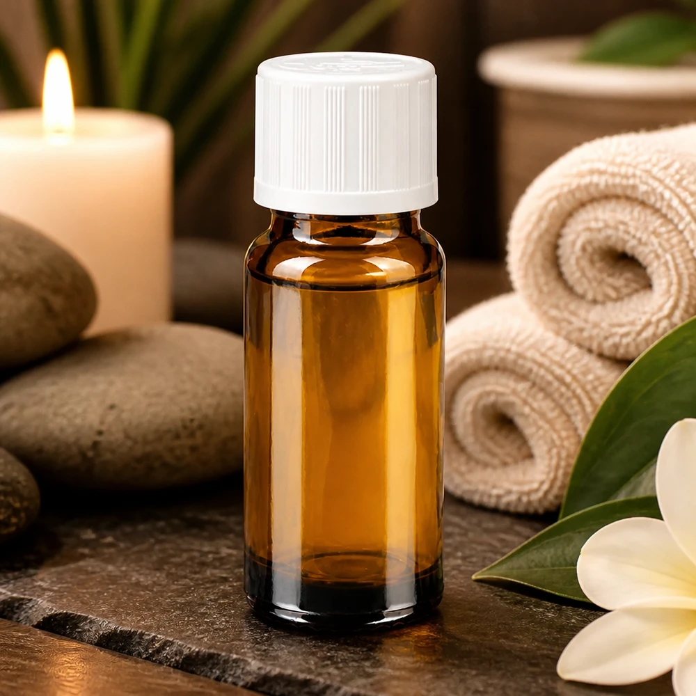 Apoteksflaske brun 10ml skruelåg hvid KiSi St 10 ml brun apotekerflaske med hvid børnesikkerhedslåg på en spa-baggrund med et stearinlys