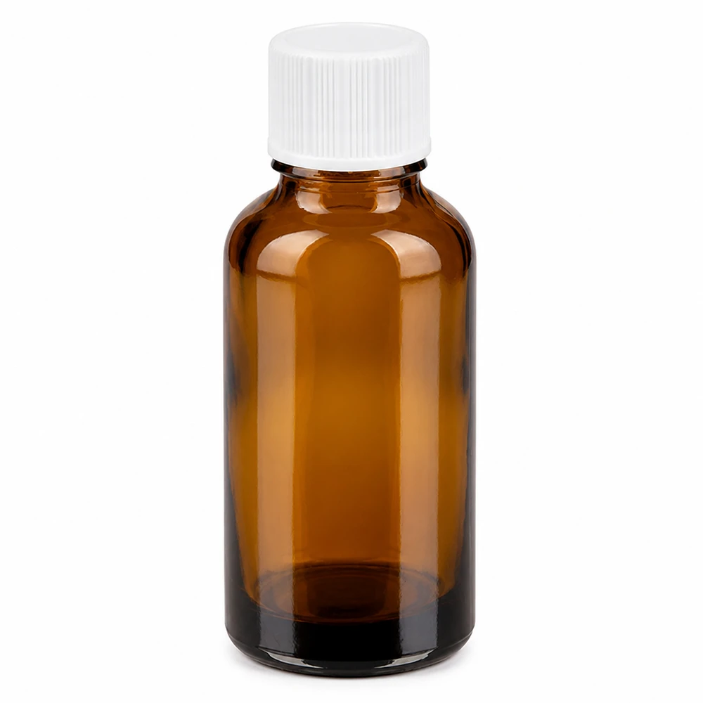 30 ml flaske 11 mm SV hvid STD BrownLine UT18/30 30 ml ravfarvet glasflaske med hvidt skruelåg til kosmetik og lægemidler