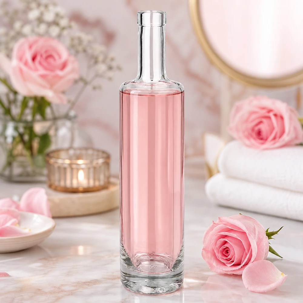 500 ml glasflaske »Lina« uden låg UNiTWIST® 500 ml Lina-glasflaske med pinkfarvet indhold i en romantisk spa-atmosfære med pink roser og wellness-dekoration