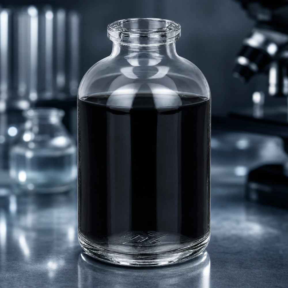 Injektionsflaske i klart glas 50 ml Hochwertige Klarglas Injektionsflasche 50ml mit schwarzem Reagenz im wissenschaftlichen Labor