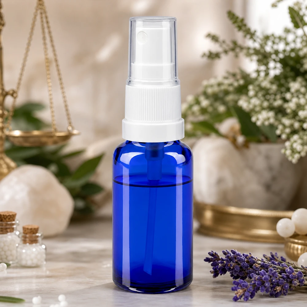 Blå 20 ml apotekersprayflaske med hvid pumpe ved siden af lavendel og homøopatiske kugler
