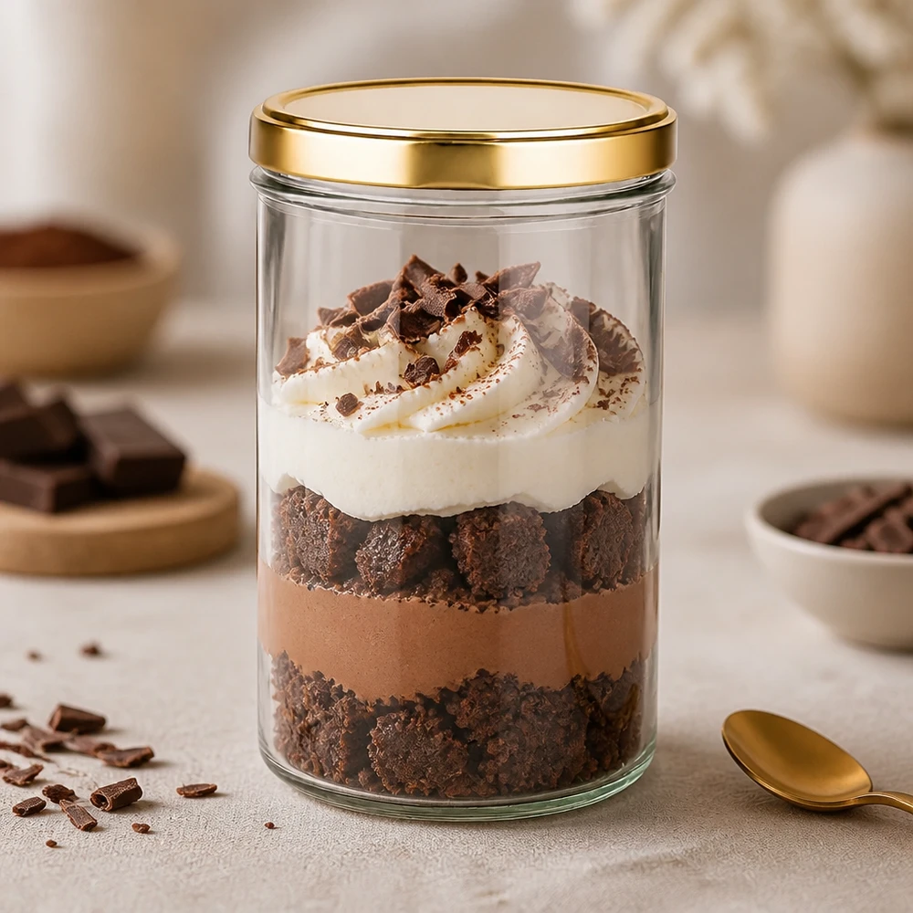 277 ml Briller med BasicSeal-låg guld UNiTWIST 277 ml glas med guld UNiTWIST-låg som dessertglas til chokoladetiramisu med fløde og kakao