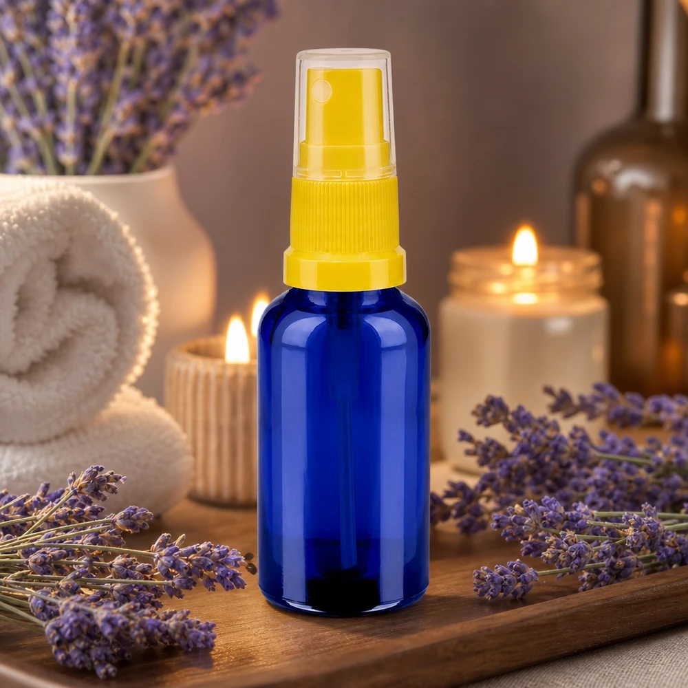 30 ml sprayflaske gul/tr. STD BlueLine UT18/30 BlueLine sprayflaske 30 ml i høj kvalitet med gennemsigtigt sprayhoved til aromaterapi og wellness