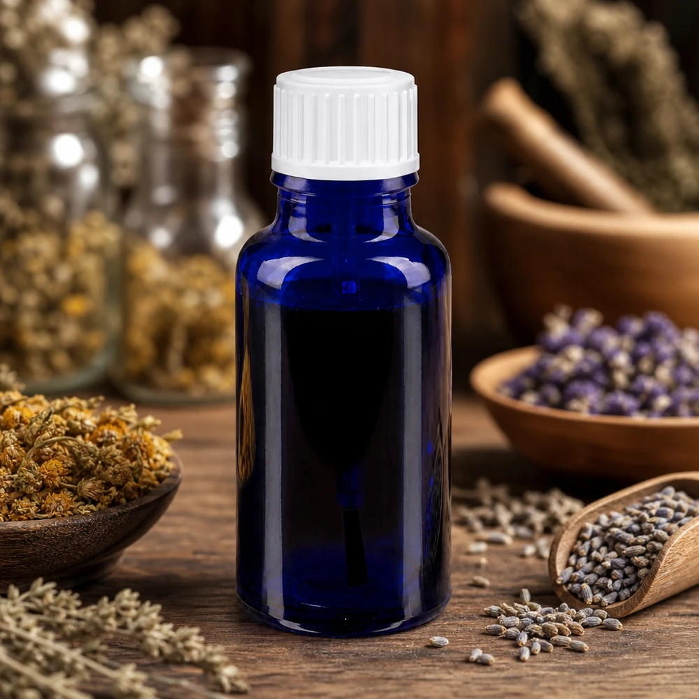 Apoteksflaske blå 20 ml skruelåg hvid børste Blå 20 ml apotekerflaske med hvid prop, omgivet af lavendel og urter